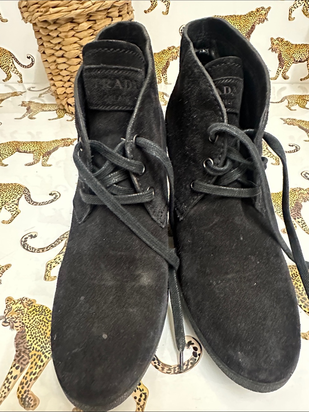 Prada Womens Black Suede Lace-Up Boots - size 38